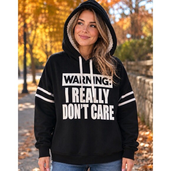 Bobbie Brooks Tops - Bobbie Brooks 1X Warning I Really Don’t Care Sherpa Hoodie Black Plus Size Plush